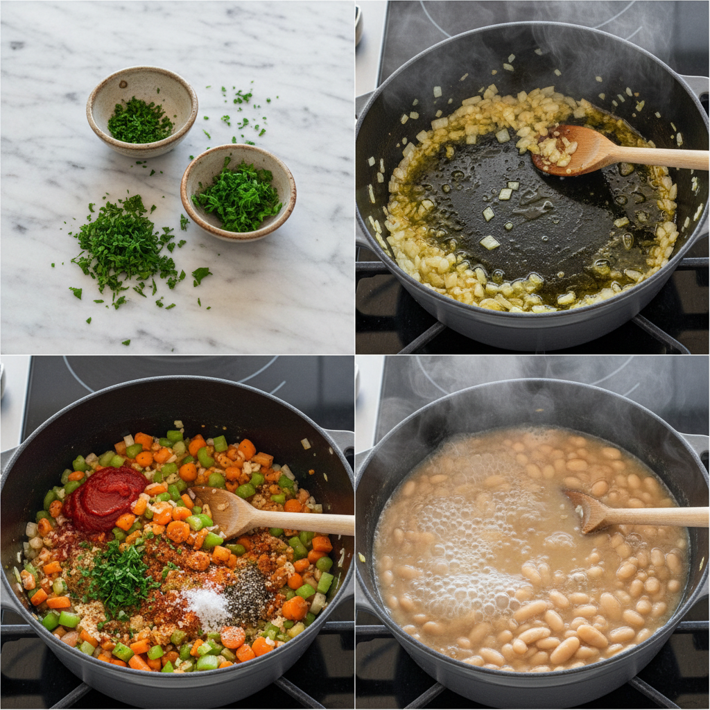 Chopped vegetables and beans being prepped for mediterranean white bean and kale soup.