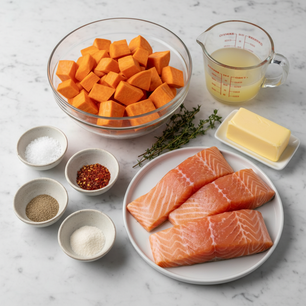one-pan-lemon-herb-salmon-and-sweet-potatoes-ingredients Fresh ingredients for one pan lemon herb salmon and sweet potatoes including salmon fillets lemon and fresh herbs.