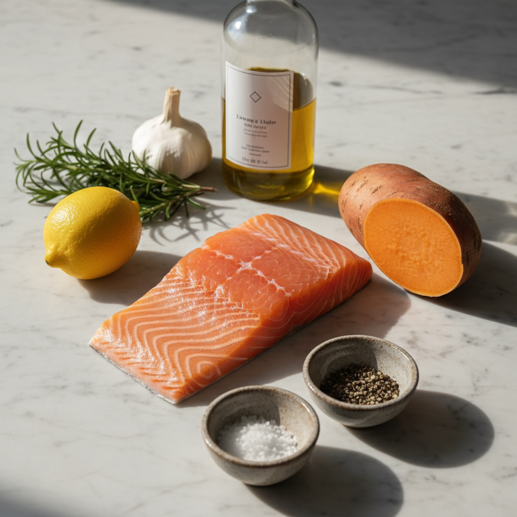 one-pan-lemon-herb-salmon-and-sweet-potatoes-ingredients Fresh salmon fillets, vibrant sweet potatoes, and aromatic herbs for one pan lemon herb salmon and sweet potatoes.
