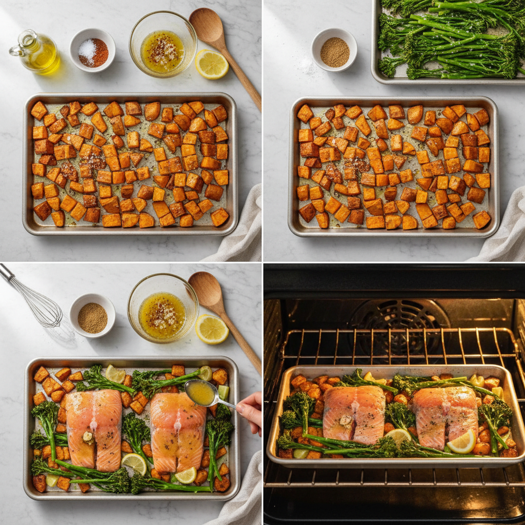 one-pan-lemon-herb-salmon-and-sweet-potatoes-prep Preparing one pan lemon herb salmon and sweet potatoes by arranging ingredients on a baking sheet.