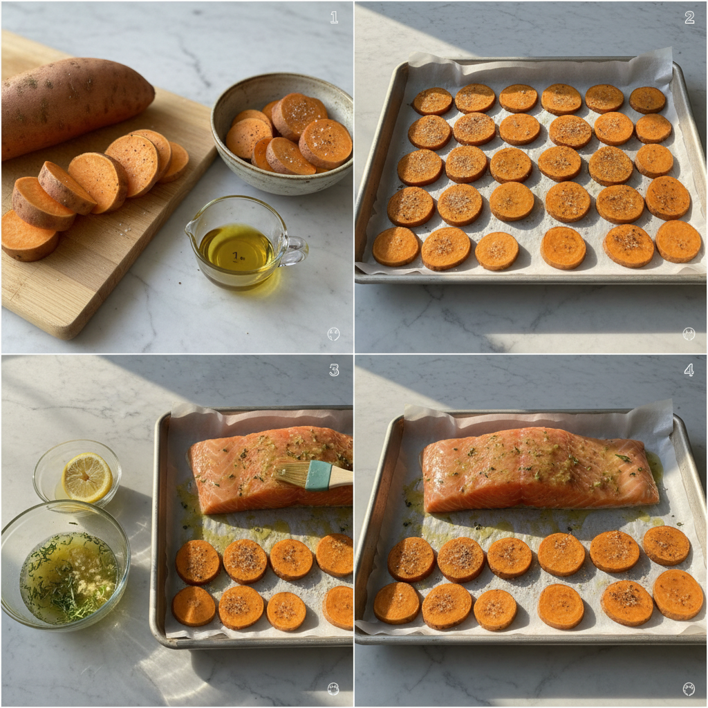 one-pan-lemon-herb-salmon-and-sweet-potatoes-prep Chopped sweet potatoes and seasoned salmon fillets ready for the oven in a sheet pan for one pan lemon herb salmon and sweet potatoes.