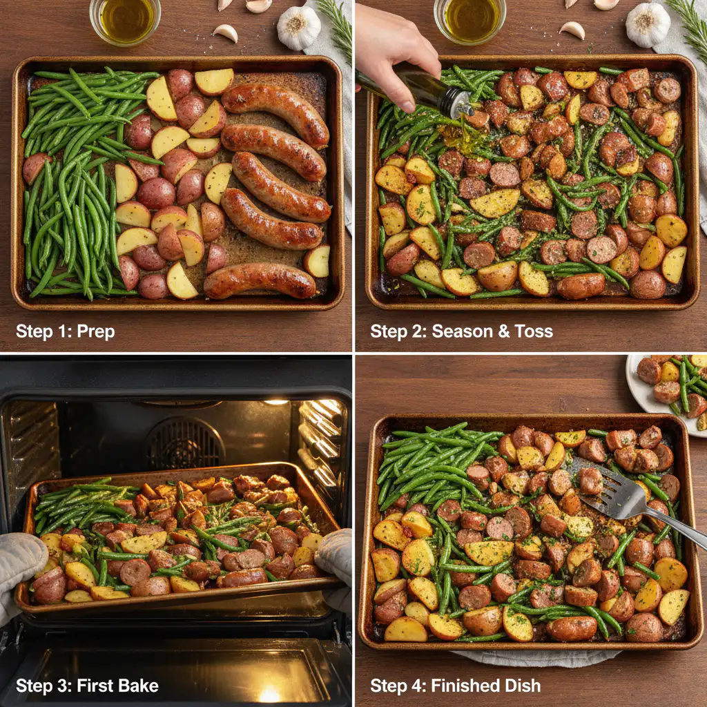Sausage, green beans, and potatoes tossed together in a baking pan, ready for the oven for one pan sausage green beans and potatoes.