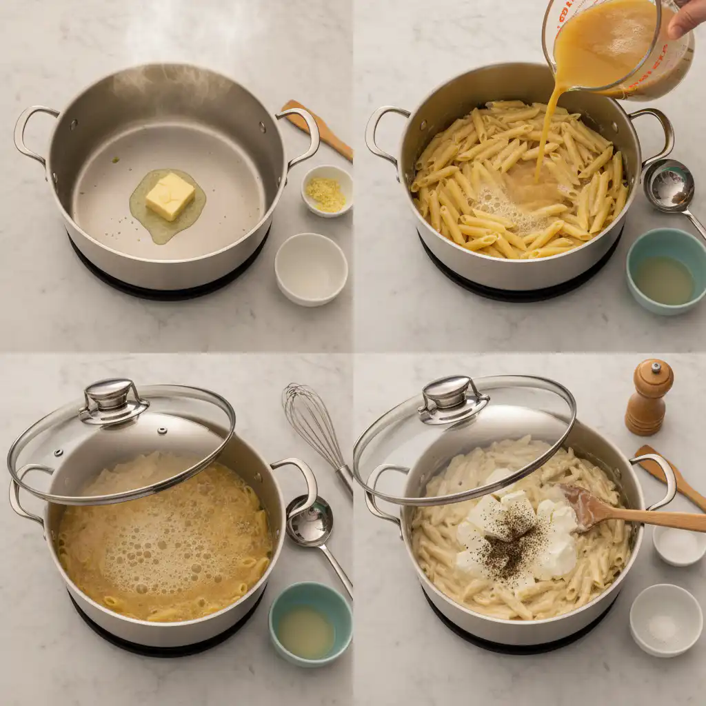 Preparing one pot spinach pasta with fresh ingredients.