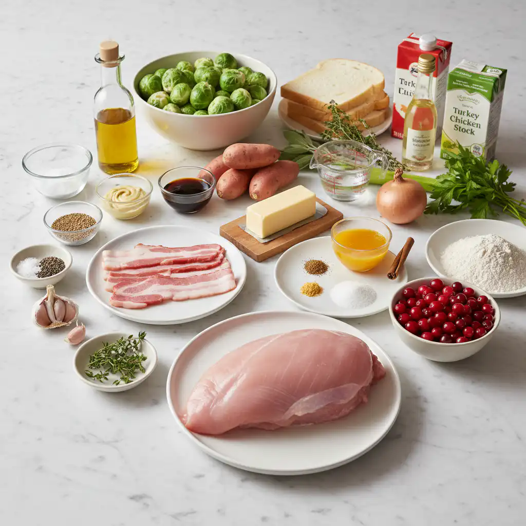 one-pot-thanksgiving-dinner-easy-ingredients Gathered ingredients for an easy one pot Thanksgiving dinner, including fresh vegetables and herbs.