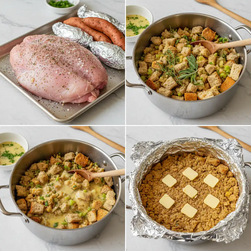 one-pot-thanksgiving-dinner-easy-prep Preparing an easy one pot Thanksgiving dinner by chopping vegetables.