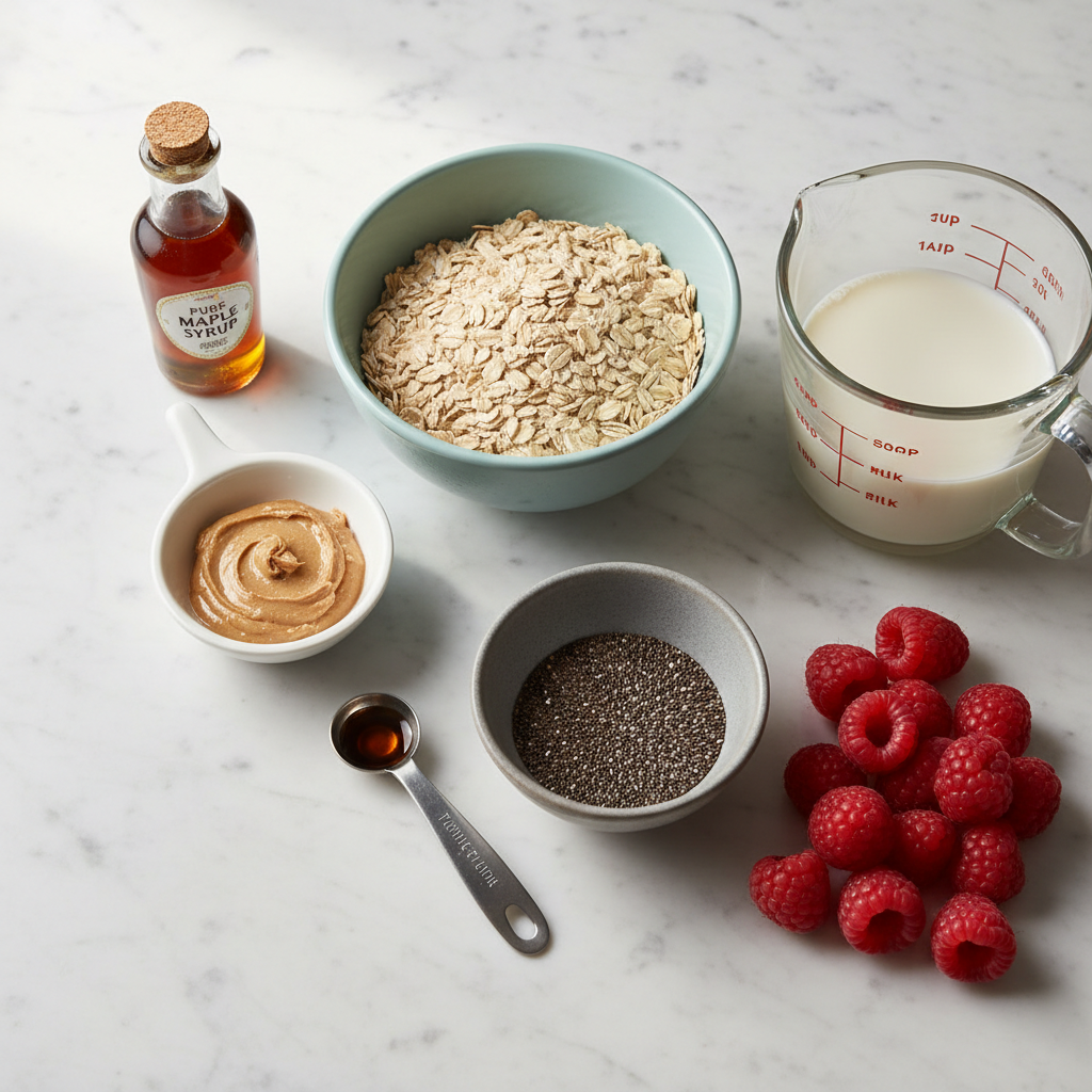overnight-oats-with-chia-and-almond-butter-ingredients Overnight oats with chia seeds and almond butter ingredients: oats, almond milk, chia seeds, almond butter, and sweetener.