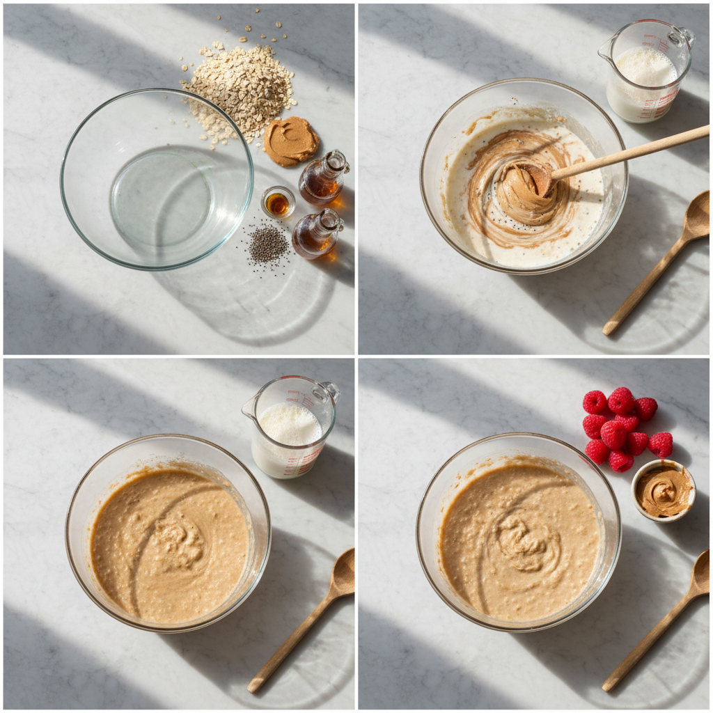 overnight-oats-with-chia-and-almond-butter-prep Overnight oats with chia and almond butter being prepared in a jar.
