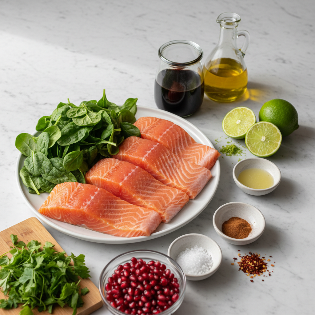 pomegranate-glazed-salmon-fillets-ingredients Fresh salmon fillets with glistening pomegranate seeds and herbs for pomegranate glazed salmon.