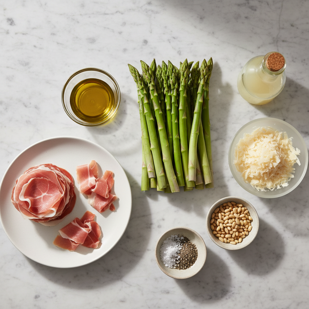 Fresh asparagus spears, thin slices of salty prosciutto, and grated parmesan cheese for prosciutto wrapped asparagus.