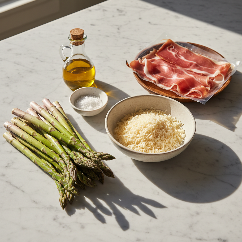 prosciutto-wrapped-asparagus-ingredients Fresh asparagus, crispy prosciutto, and grated parmesan cheese for prosciutto wrapped asparagus with parmesan.