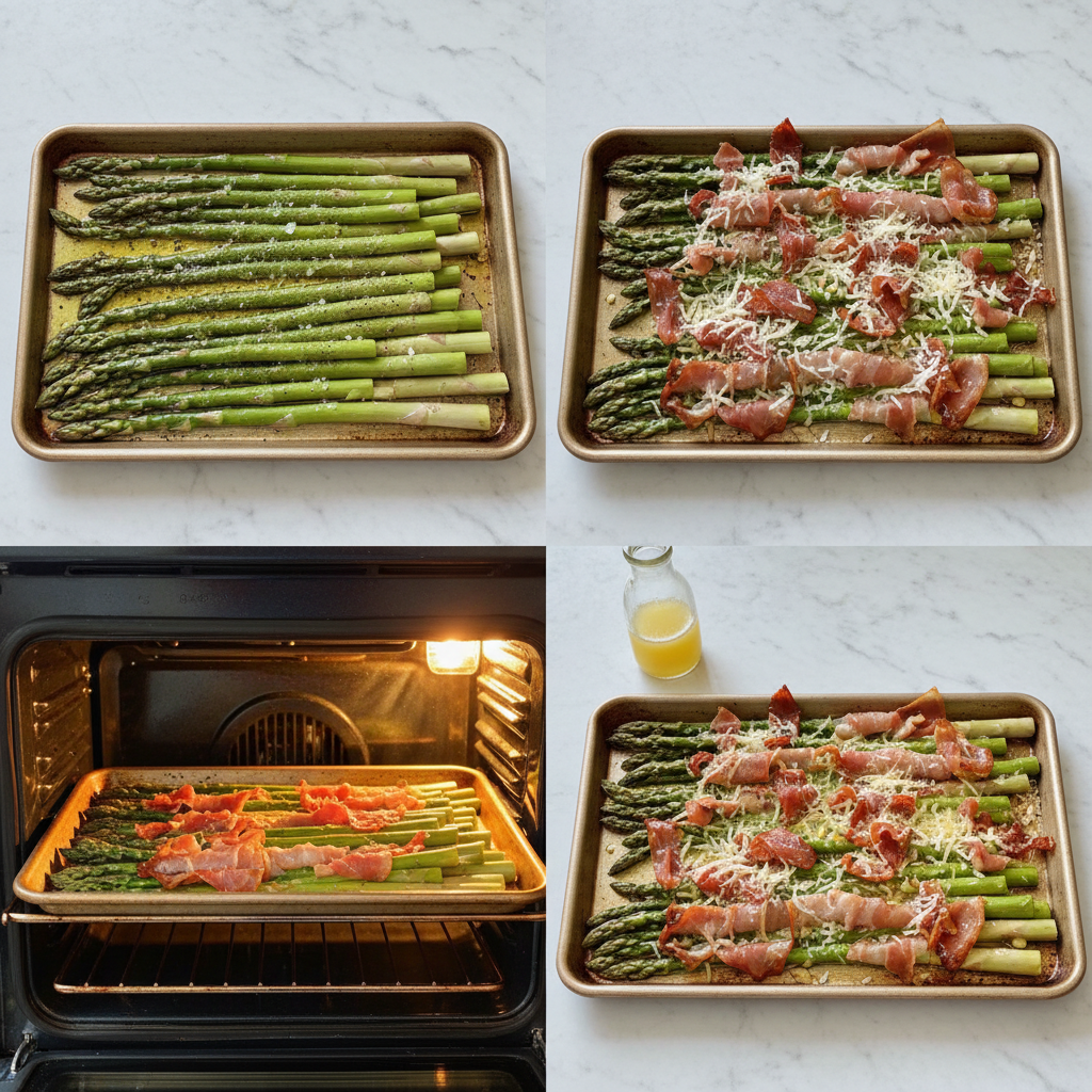 Asparagus spears being wrapped tightly with slices of prosciutto for prosciutto wrapped asparagus.