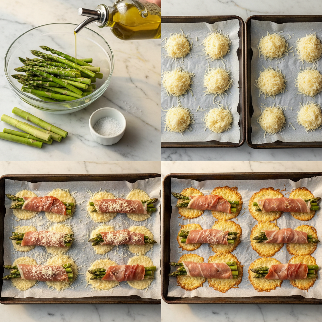 prosciutto-wrapped-asparagus-prep Hands wrapping prosciutto slices around fresh asparagus spears for prosciutto wrapped asparagus.