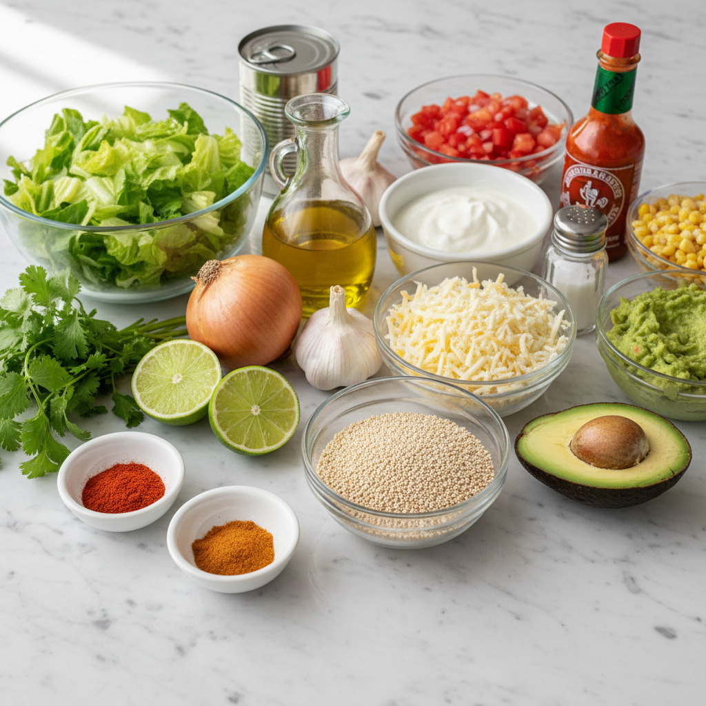 Fresh ingredients for a quinoa black bean power bowl, including quinoa, black beans, corn, and avocado.