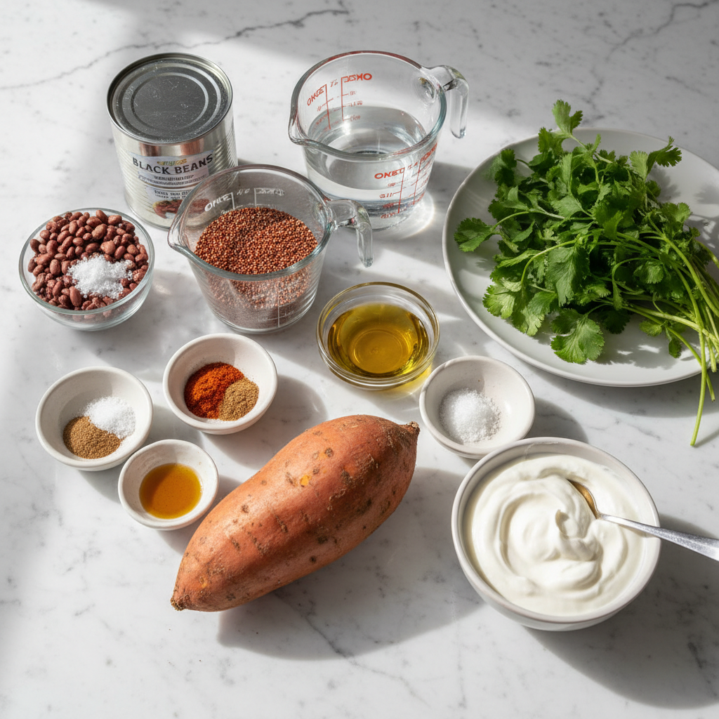 Fresh ingredients for a quinoa black bean power bowl including quinoa, black beans, corn, and avocado.