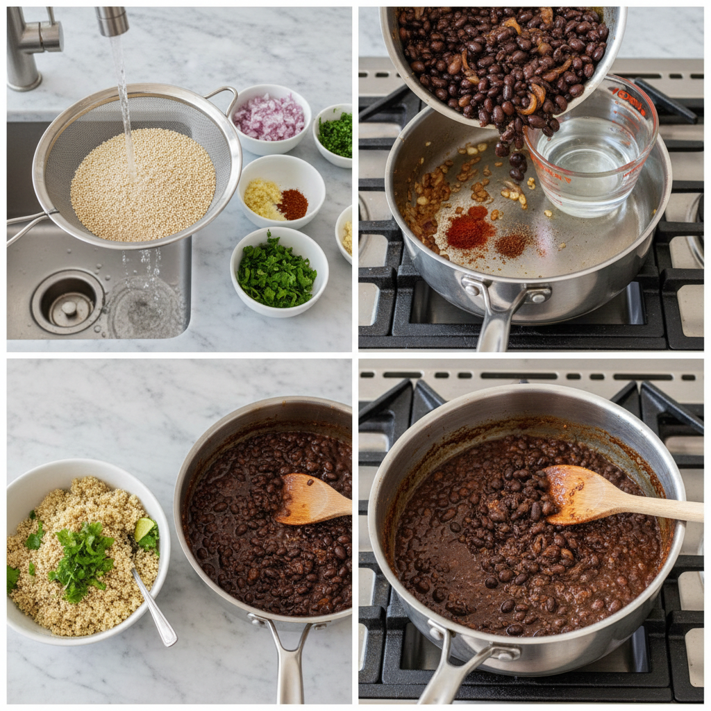A hands-on preparation of a quinoa black bean power bowl with colorful toppings.
