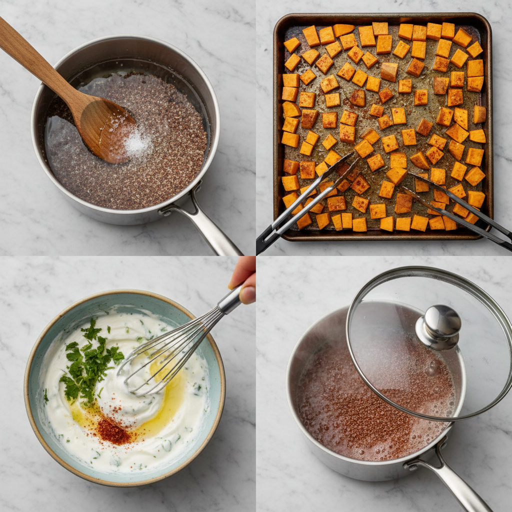 Preparing a healthy quinoa black bean power bowl by mixing ingredients together.