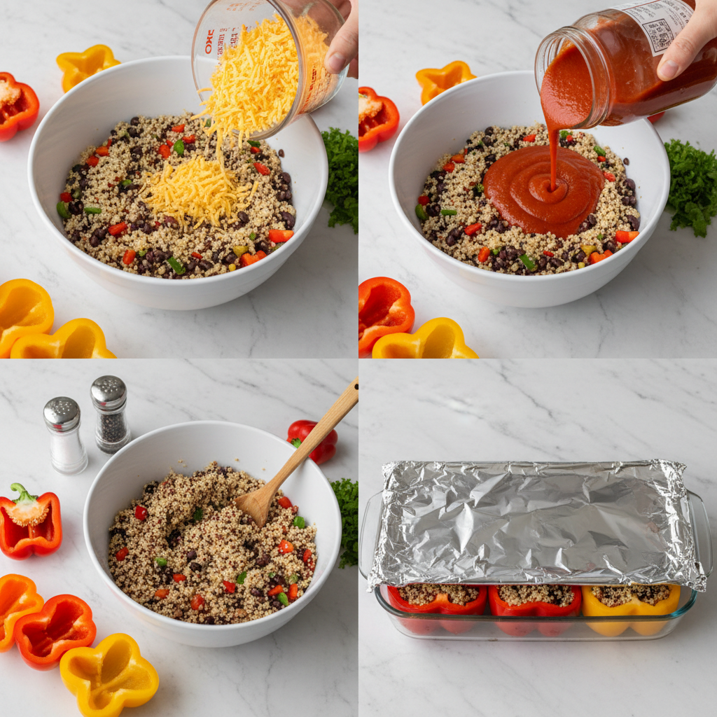 Hands preparing quinoa black bean stuffed peppers, showing the filling process.