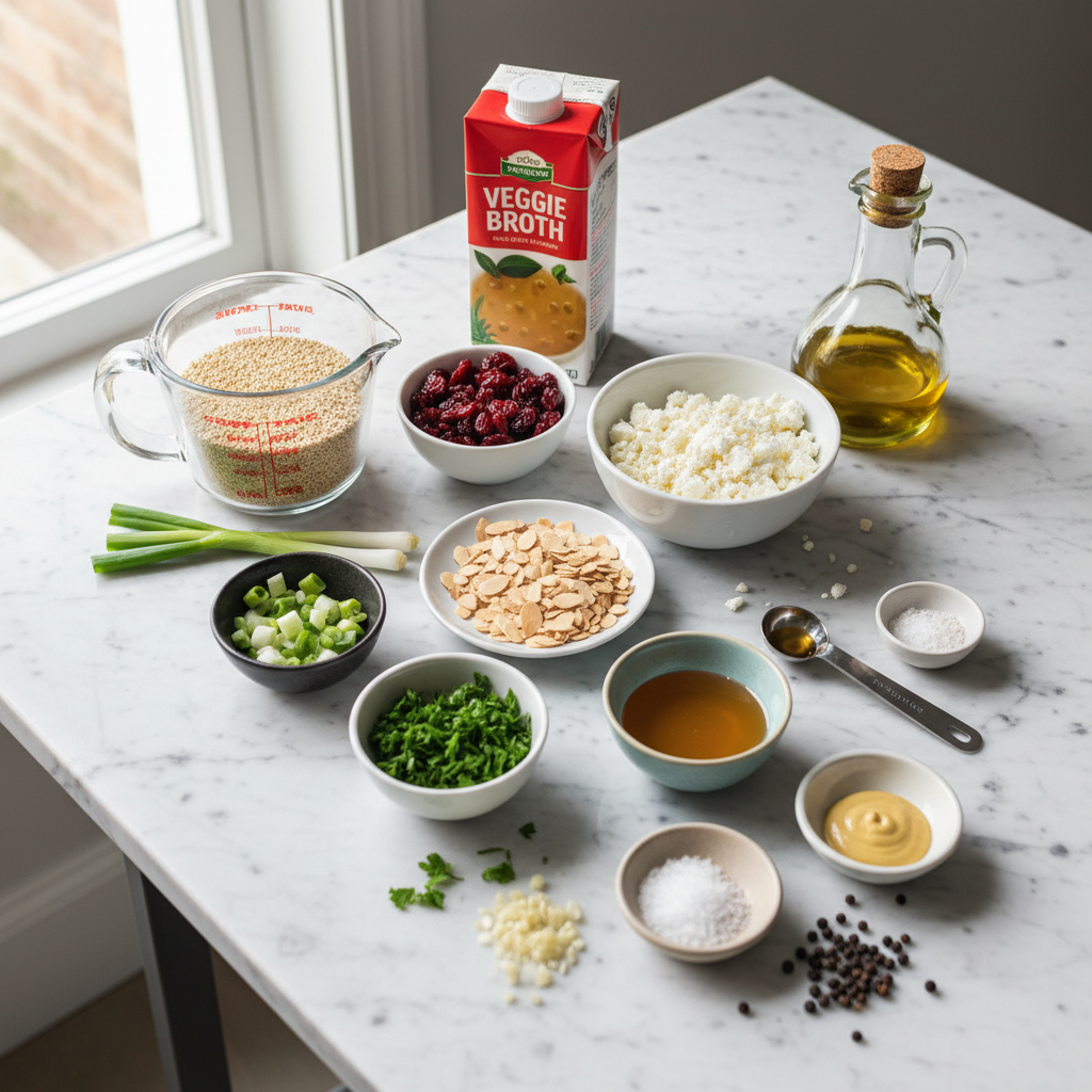 quinoa-salad-cranberries-feta-ingredients Fresh ingredients for quinoa salad with cranberries and feta, including quinoa, dried cranberries, feta cheese, and herbs.