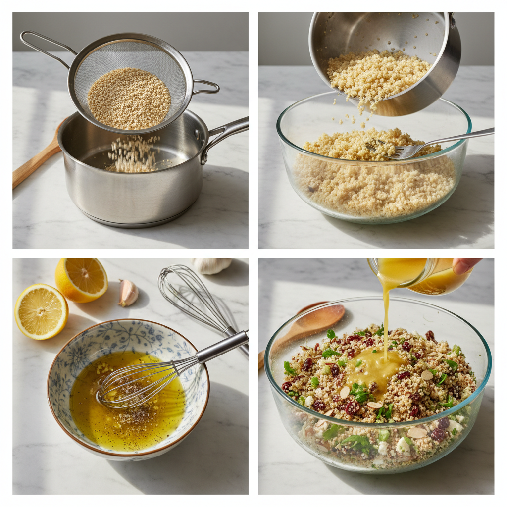 quinoa-salad-cranberries-feta-prep A bowl of colorful quinoa salad with cranberries and feta being mixed together.