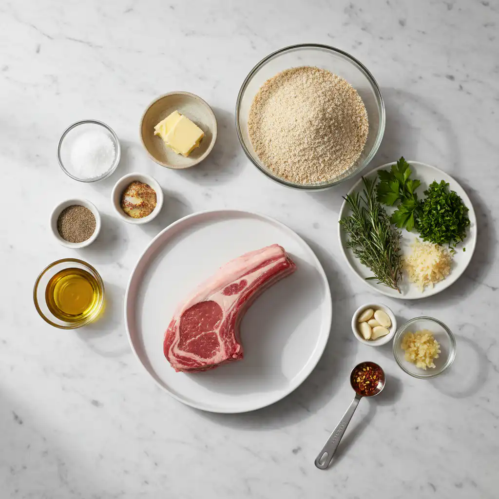 rack-of-lamb-herb-crust-thanksgiving-ingredients Fresh ingredients for rack of lamb with herb crust, including lamb, herbs, garlic, and breadcrumbs for Thanksgiving.