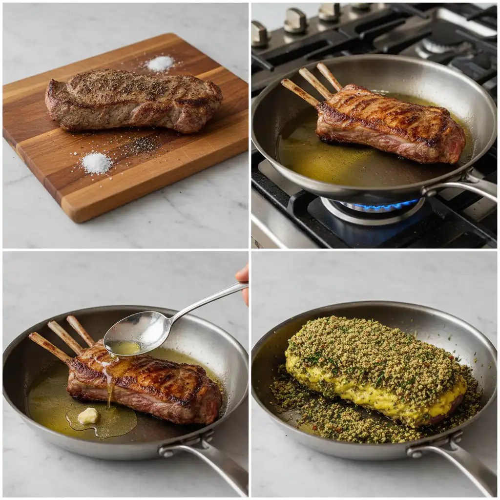 rack-of-lamb-herb-crust-thanksgiving-prep Preparing a rack of lamb with herb crust for Thanksgiving, coating it in a fragrant herb mixture.