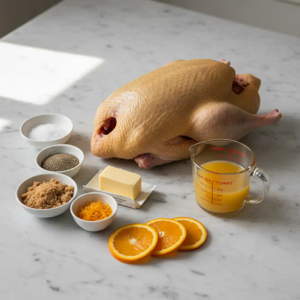 roast-duck-with-orange-sauce-thanksgiving-ingredients Fresh ingredients for roast duck with orange sauce thanksgiving, including a whole duck, oranges, and herbs.