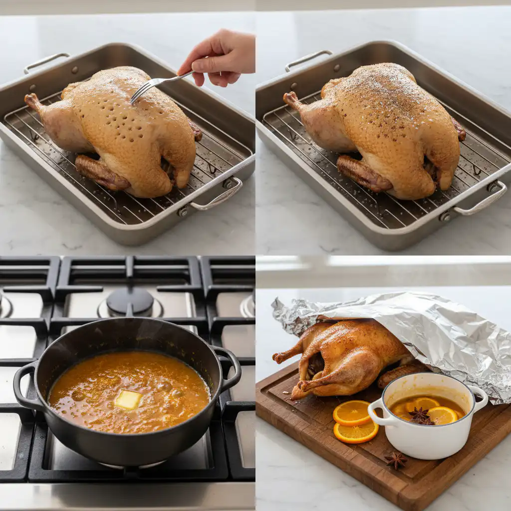 roast-duck-with-orange-sauce-thanksgiving-prep Preparing a whole duck for roasting with orange sauce for Thanksgiving dinner.