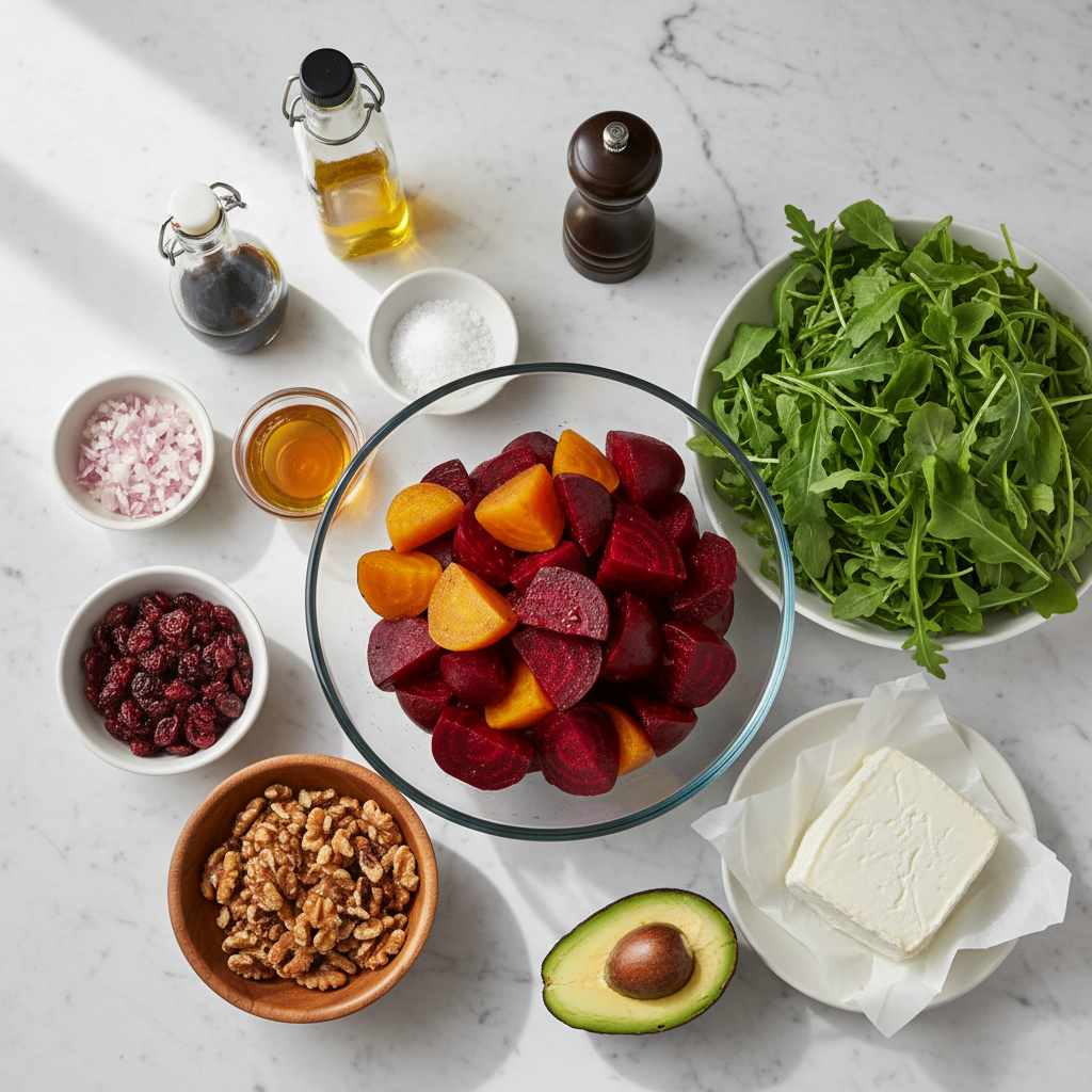 roasted-beet-salad-ingredients Fresh ingredients for roasted beet salad: vibrant beets, peppery arugula, creamy goat cheese, and crunchy walnuts.