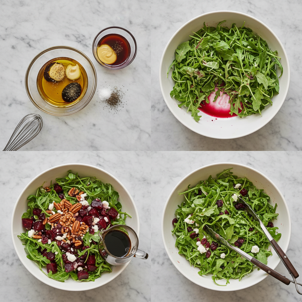 Steps for making roasted beet salad: slicing roasted beets, tossing arugula with dressing, and crumbling goat cheese.