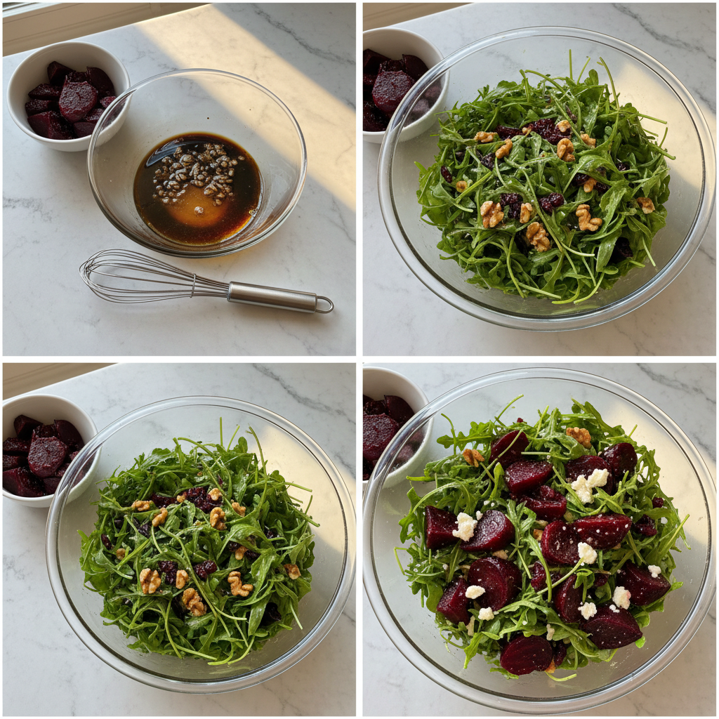 Close-up of hands preparing roasted beet salad, tossing arugula with dressing and crumbled goat cheese.