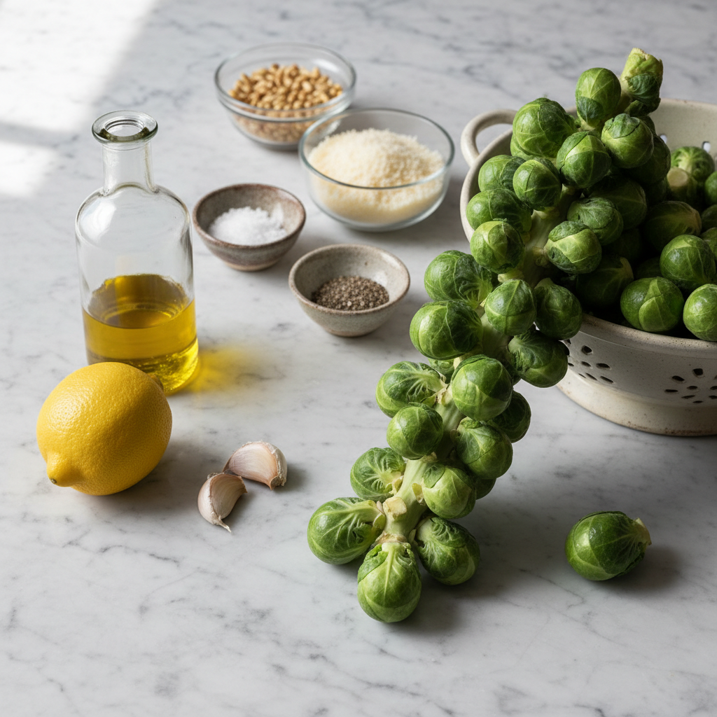 roasted-brussels-sprout-salad-with-lemon-vinaigrette-ingredients Ingredients for roasted brussels sprout salad with lemon vinaigrette