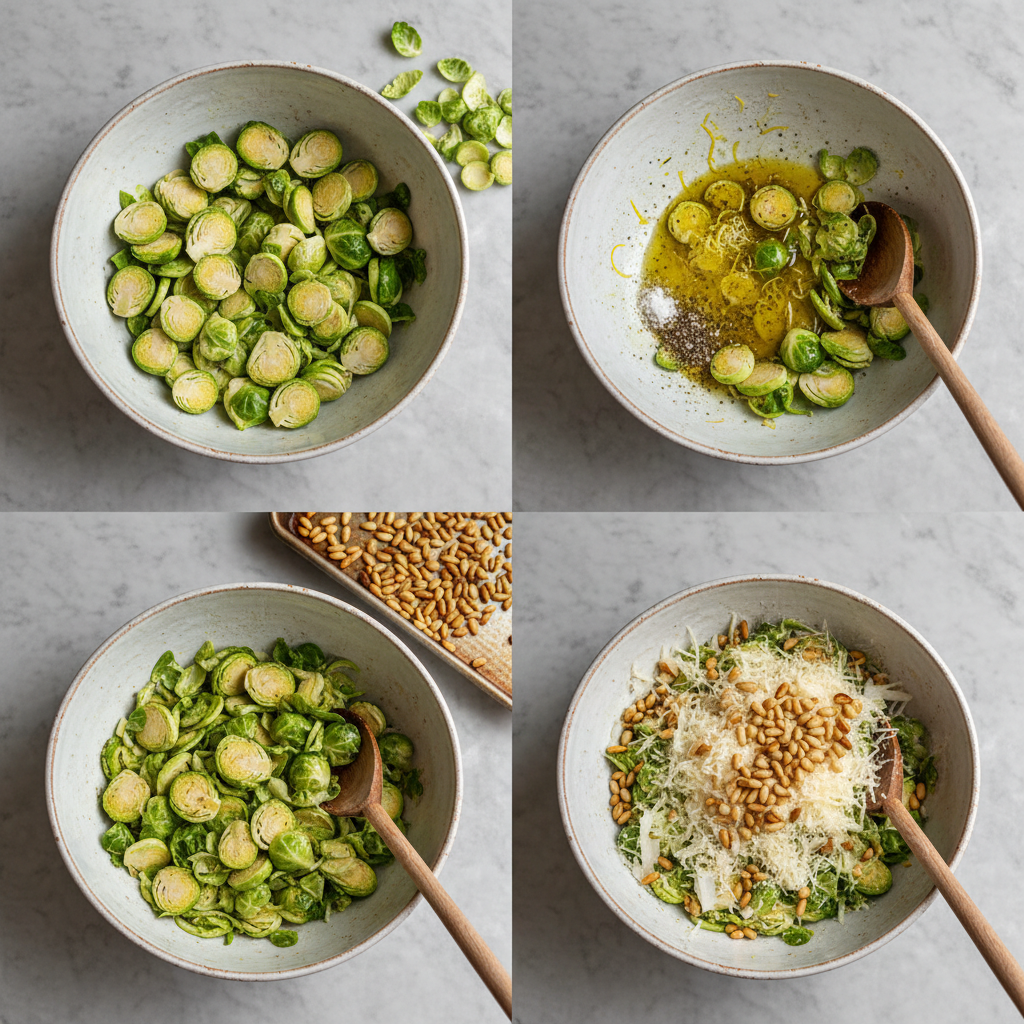 roasted-brussels-sprout-salad-with-lemon-vinaigrette-prep Preparing roasted brussels sprout salad with lemon vinaigrette