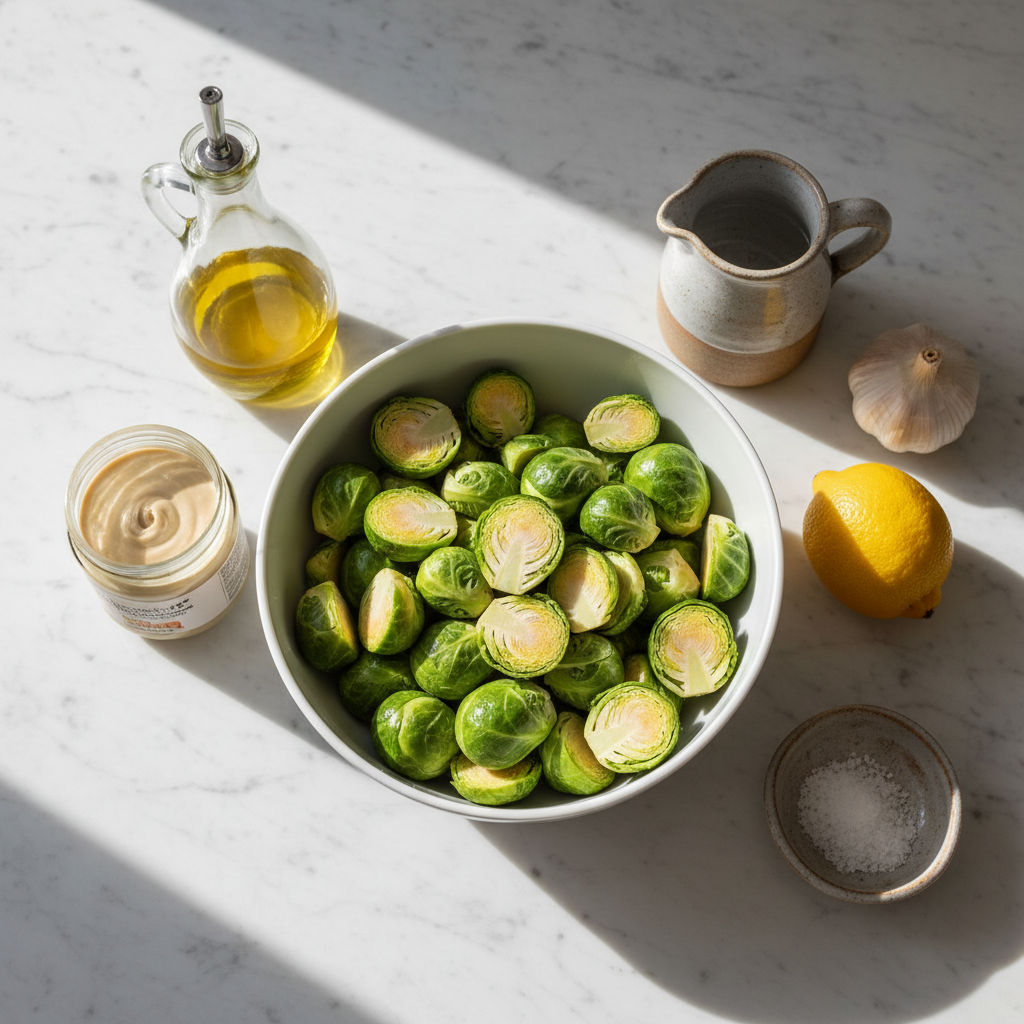 roasted-brussels-sprouts-lemon-tahini-drizzle-ingredients Fresh ingredients for roasted brussels sprouts with lemon tahini drizzle, including sprouts, lemon, tahini, and garlic.