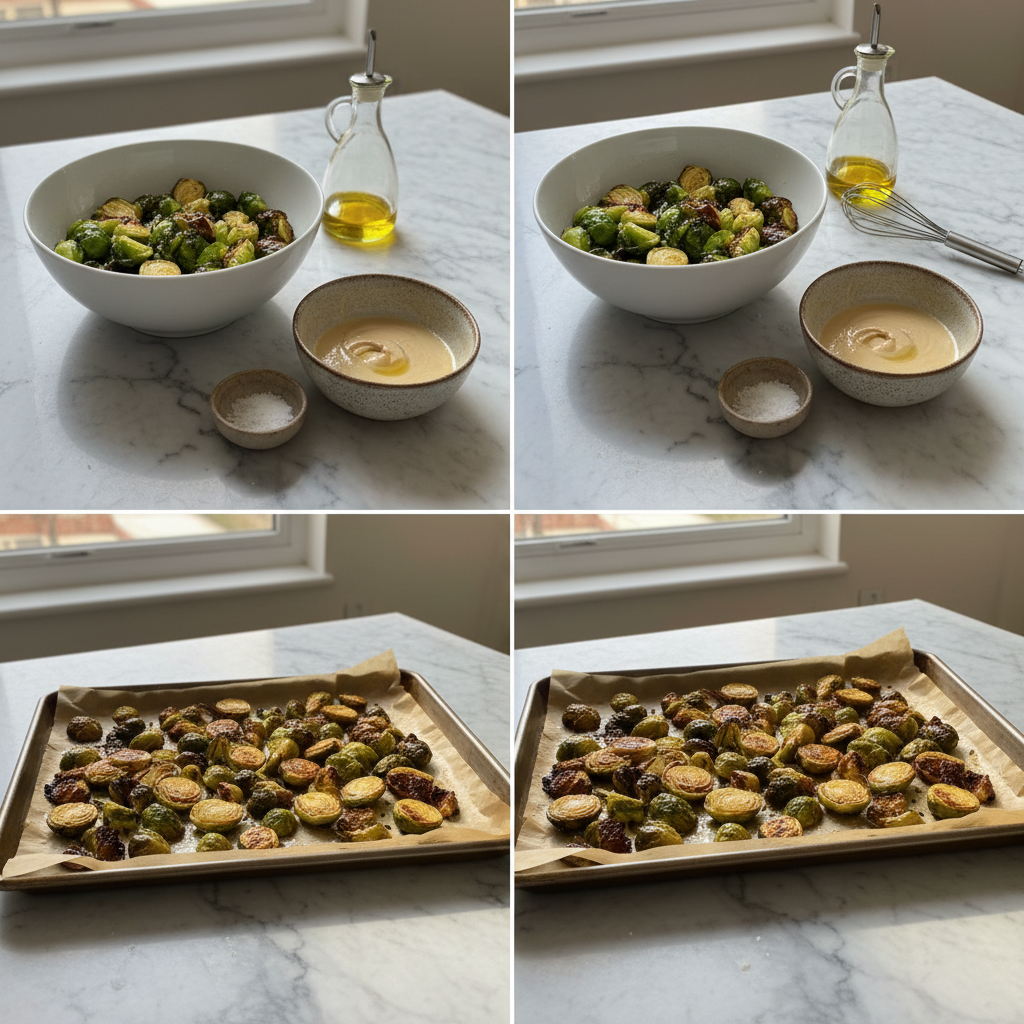 roasted-brussels-sprouts-lemon-tahini-drizzle-prep Preparing roasted brussels sprouts with a creamy lemon tahini drizzle, showing sprouts being tossed.