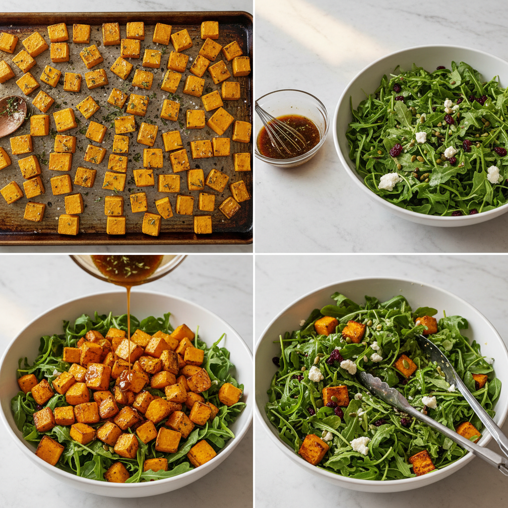 Close-up of hands preparing roasted butternut squash salad with goat cheese.