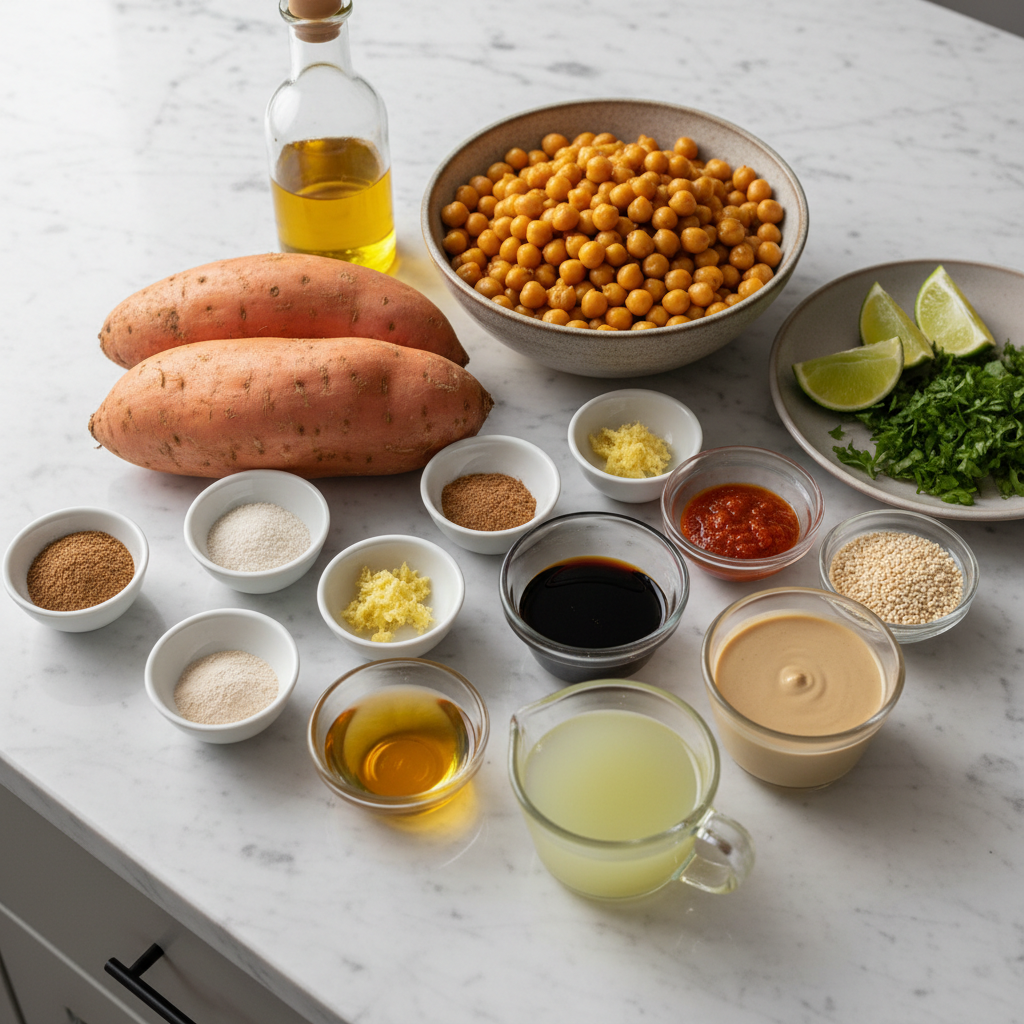 Fresh ingredients for roasted sweet potato chickpea salad with tahini.