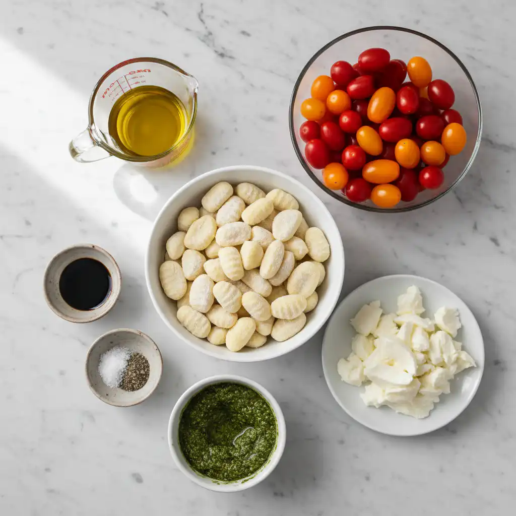 sheet-pan-caprese-gnocchi-thanksgiving-ingredients Fresh ingredients for sheet pan caprese gnocchi, including tomatoes, mozzarella, and basil.