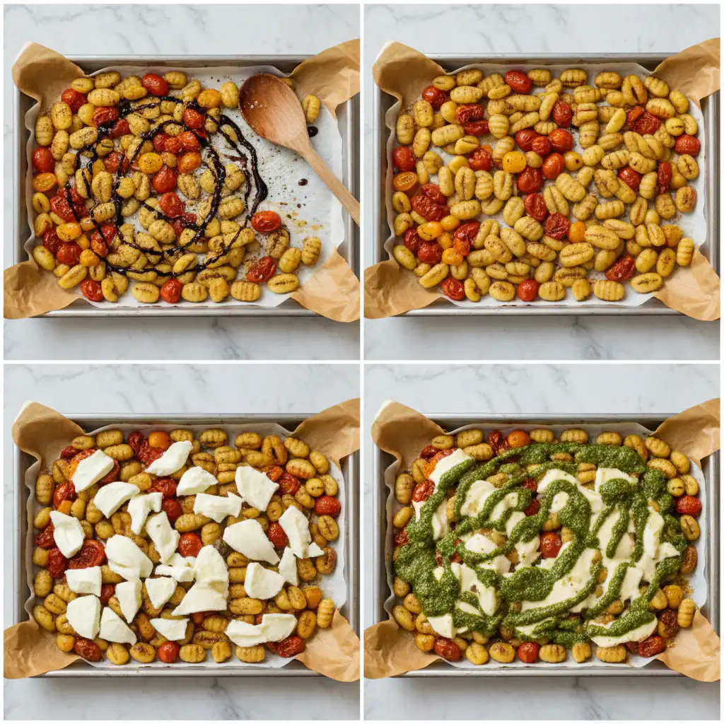 sheet-pan-caprese-gnocchi-thanksgiving-prep Preparing sheet pan caprese gnocchi with roasted tomatoes and melted mozzarella.