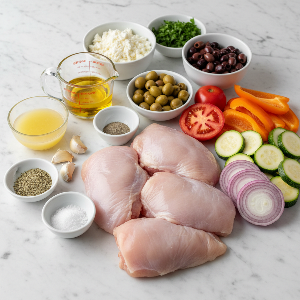 sheet-pan-chicken-thighs-kalamata-olives-ingredients A colorful assortment of fresh ingredients for sheet pan chicken thighs with kalamata olives.