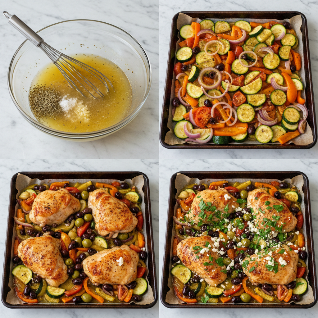 sheet-pan-chicken-thighs-kalamata-olives-prep Raw chicken thighs marinating with kalamata olives and herbs on a sheet pan.