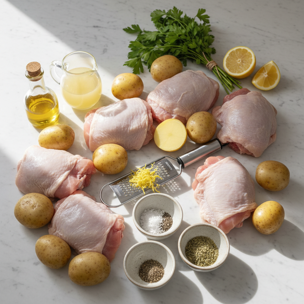 sheet-pan-greek-lemon-chicken-and-potatoes-ingredients Fresh ingredients for sheet pan greek lemon chicken and potatoes including chicken, lemons, potatoes, and herbs.