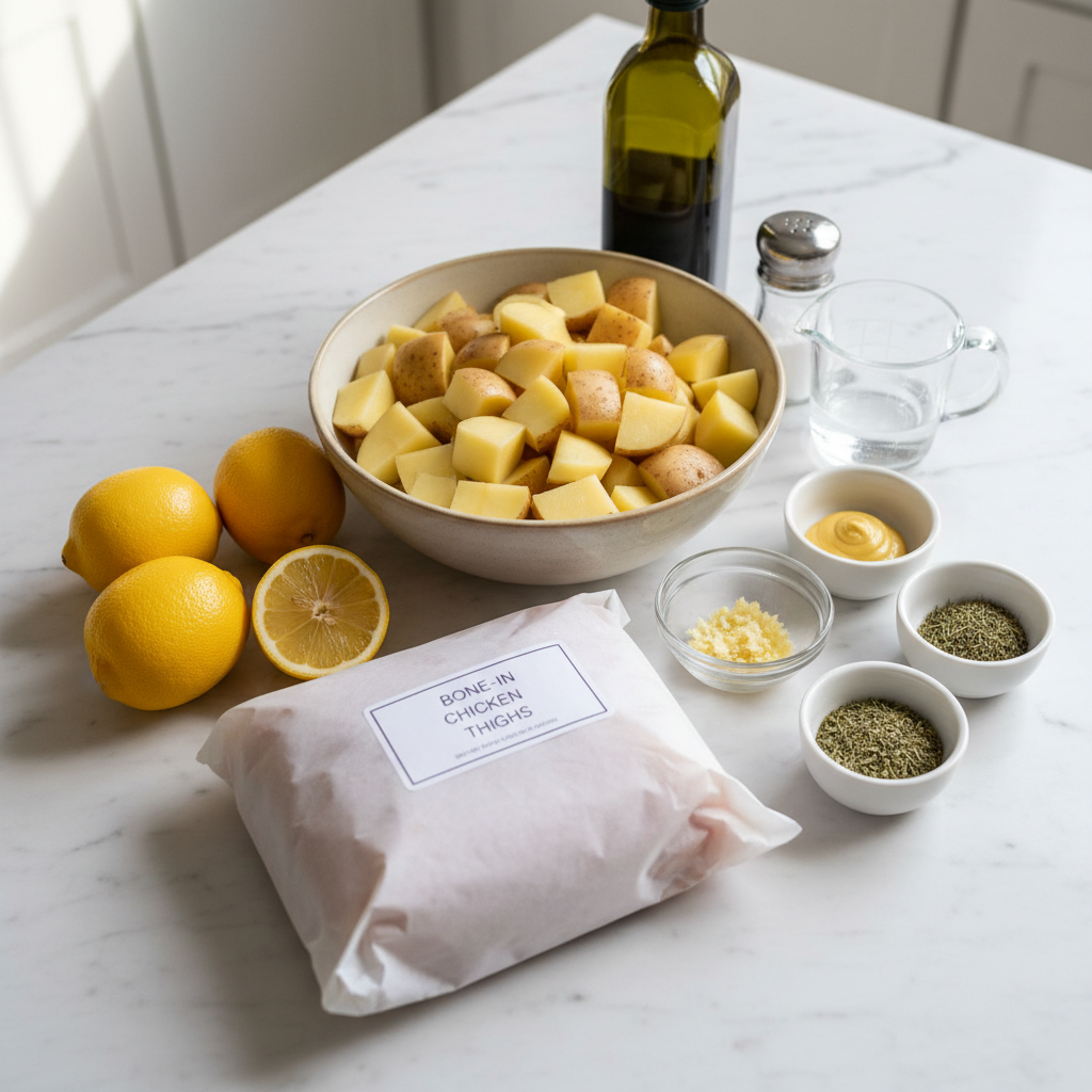 sheet-pan-greek-lemon-chicken-and-potatoes-ingredients Fresh ingredients for sheet pan greek lemon chicken and potatoes including chicken thighs lemon potatoes and herbs.