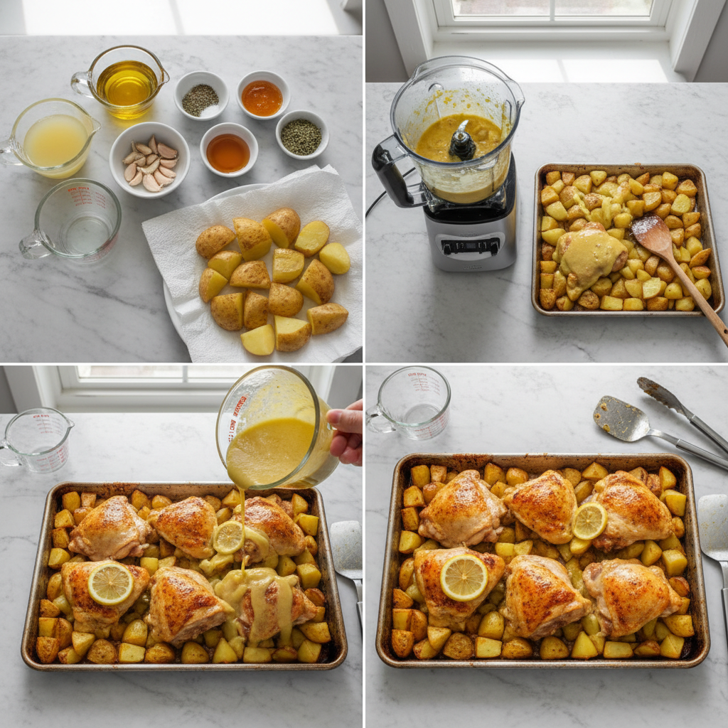 Chopped potatoes and chicken seasoned for sheet pan greek lemon chicken and potatoes.