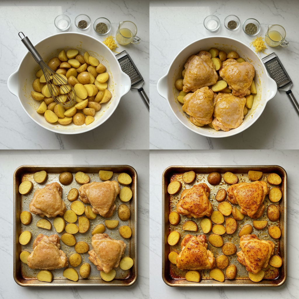 sheet-pan-greek-lemon-chicken-and-potatoes-prep Prepping sheet pan greek lemon chicken and potatoes by arranging chicken and potatoes on a baking sheet.