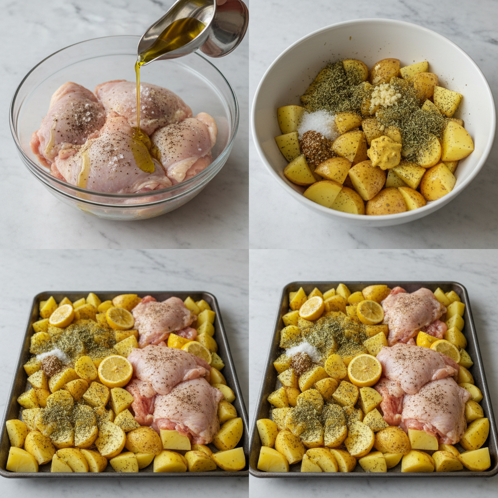 sheet-pan-greek-lemon-chicken-and-potatoes-prep Chopped potatoes and chicken seasoned for sheet pan greek lemon chicken and potatoes.