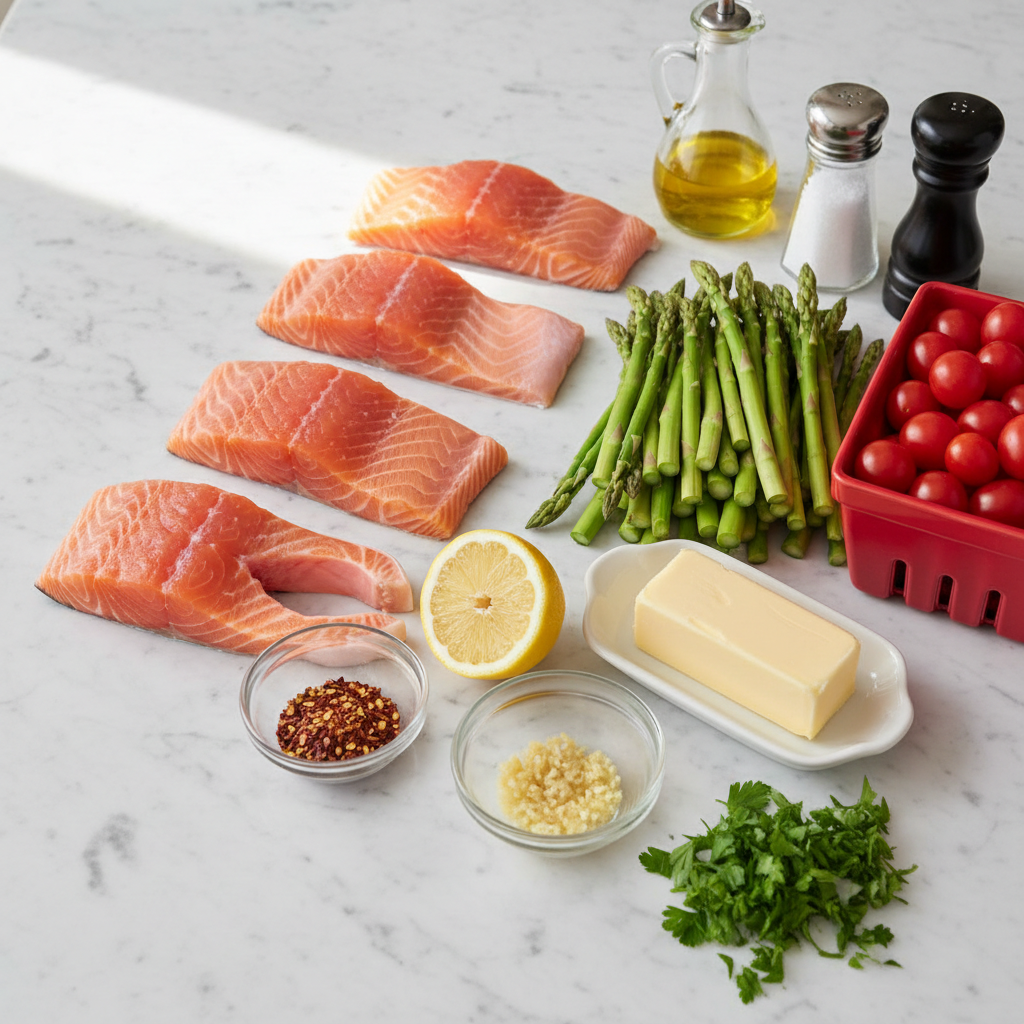 Fresh ingredients for sheet pan salmon with asparagus and cherry tomatoes laid out on a counter.