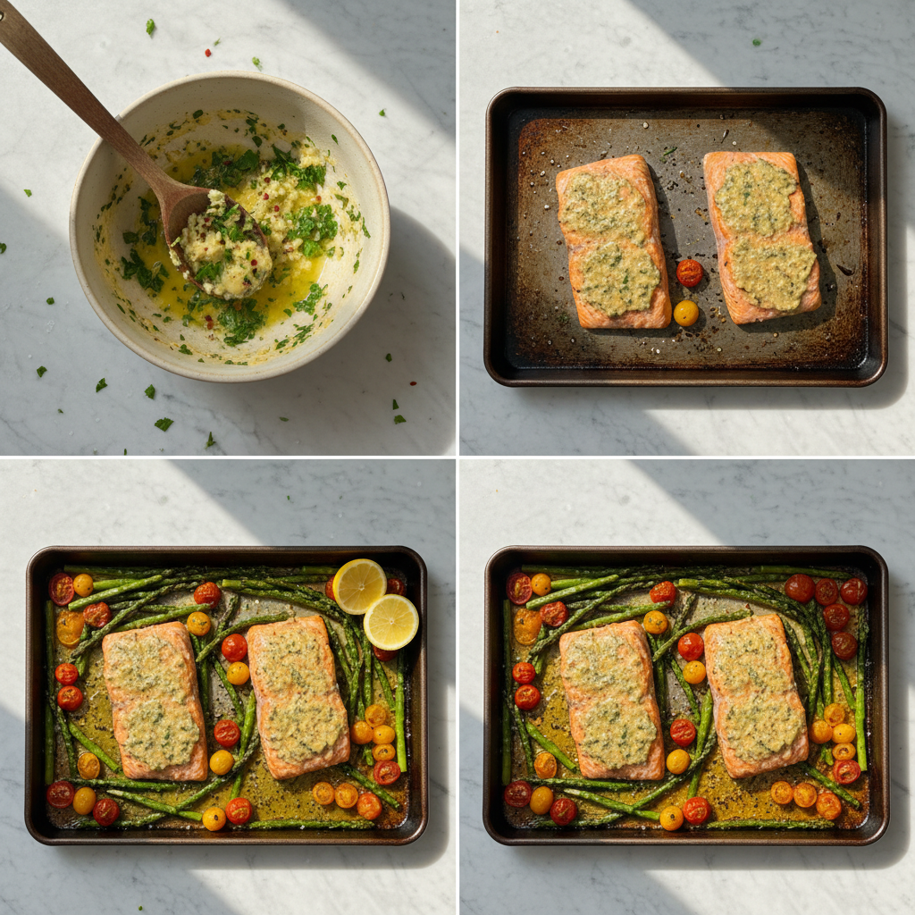 Salmon, asparagus, and cherry tomatoes being arranged on a baking sheet for sheet pan salmon.
