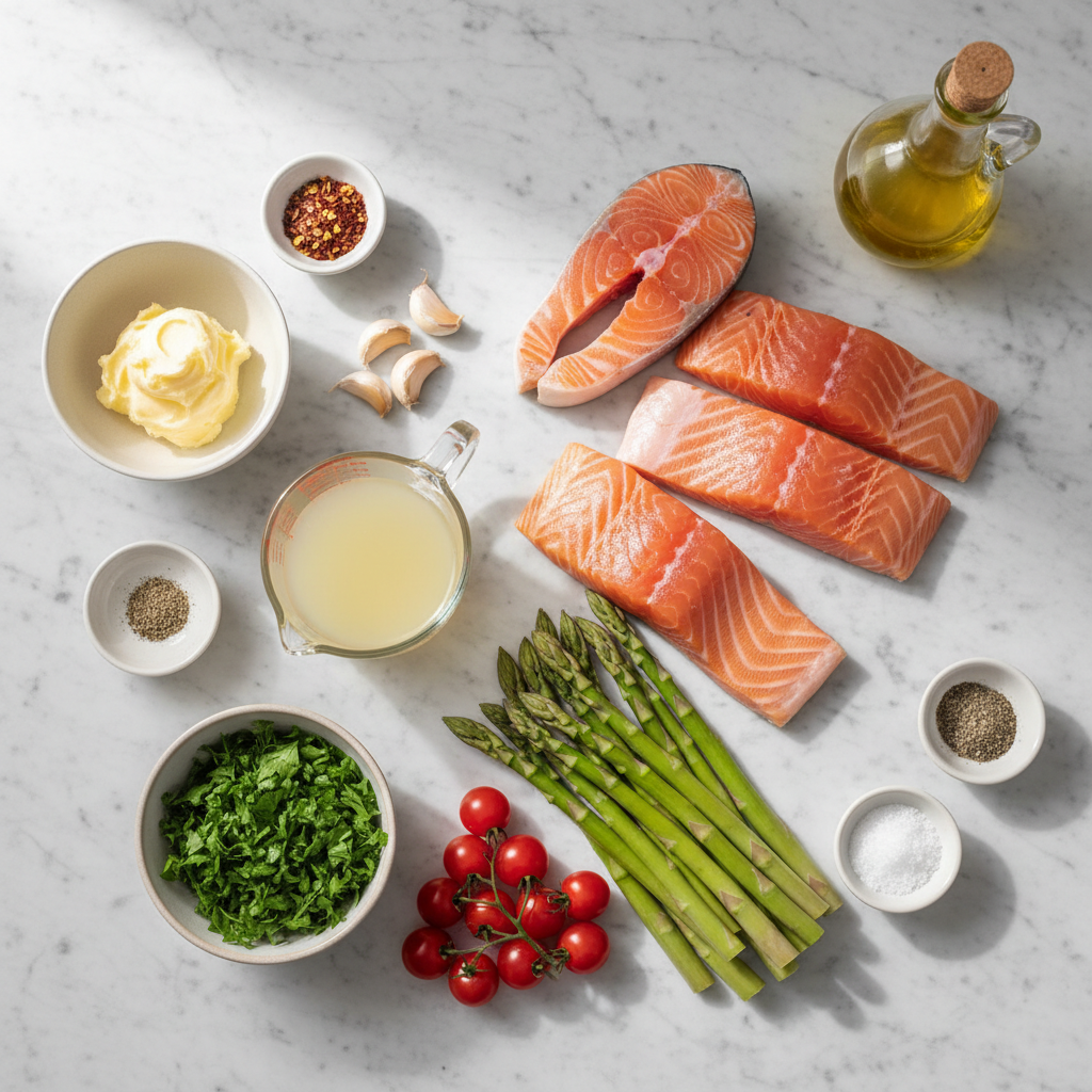 sheet-pan-salmon-with-asparagus-and-cherry-tomatoes-ingredients Ingredients for sheet pan salmon with asparagus and cherry tomatoes, featuring fresh salmon fillets, vibrant asparagus, and juicy cherry tomatoes.