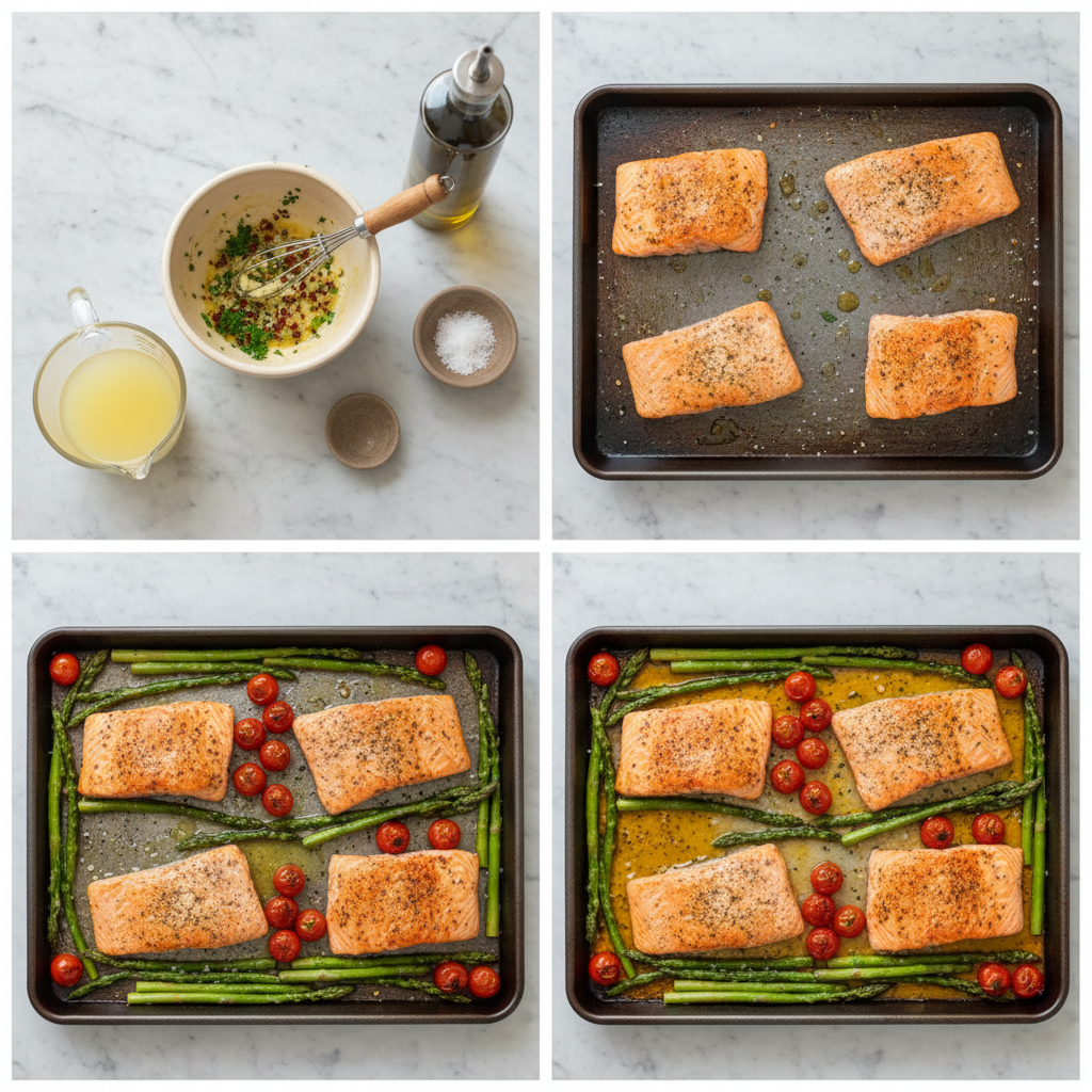 sheet-pan-salmon-with-asparagus-and-cherry-tomatoes-prep Preparing sheet pan salmon with asparagus and cherry tomatoes, arranging the ingredients on a baking sheet.