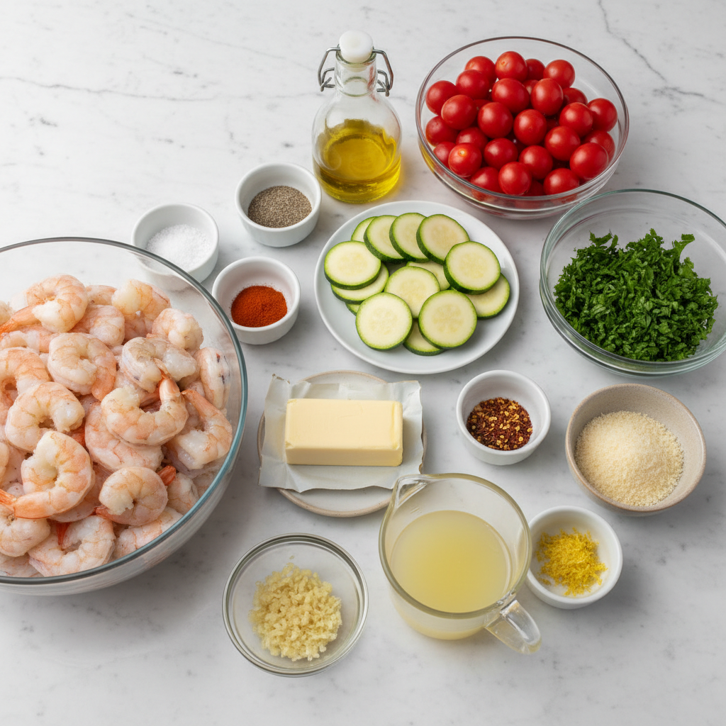 skillet-lemon-garlic-butter-shrimp-and-zucchini-ingredients Fresh ingredients for skillet lemon garlic butter shrimp and zucchini: plump shrimp, crisp zucchini, lemons, garlic, butter, and herbs.